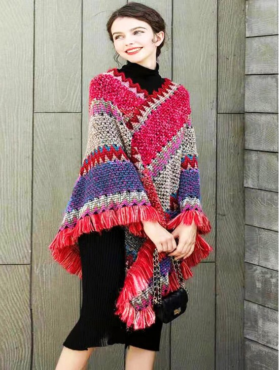 Boho Aztec Poncho W/ Fringes 